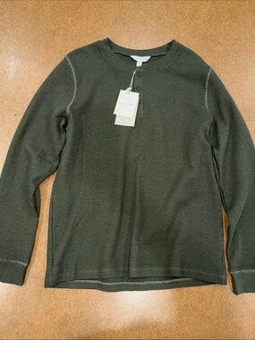 NWT Garnet Hill Dark Olive Waffle Textured Henley Long Sleeve • Organic Cotton